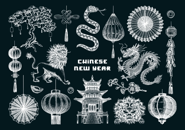 Chinese New Year decoration in sketch style. China sketches on chalkboard. NOT AT generated